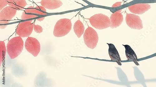   A few birds perched on a tree limb beside a crimson foliage branch against a white backdrop