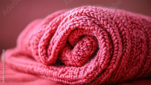 A rolled-up knitted blanket in a soft coral hue, suggesting warmth and comfort.