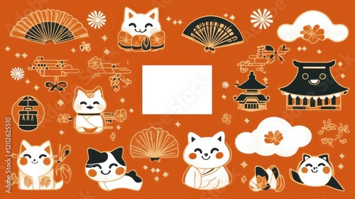 Charming Japanese Cats and Festive Elements: A Whimsical Illustration