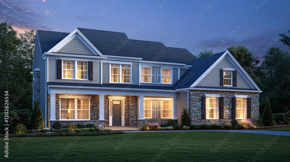 Elegant Modern Home with Warm Lights During Twilight Hour Elegant Modern Home with Warm Lights During Twilight Hour