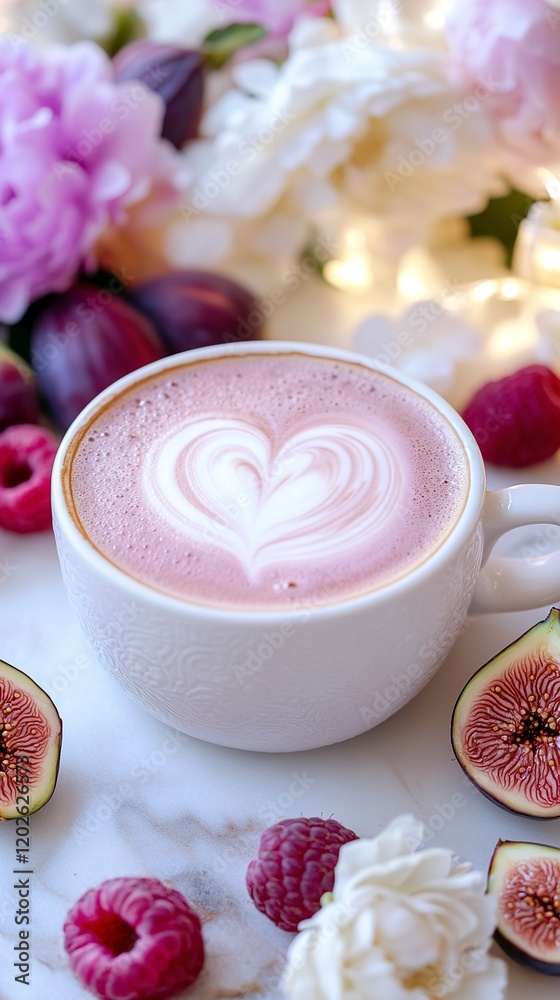 Pink Latte with Heart Art, Figs, and Raspberries on Marble Pink Latte with Heart Art, Figs, and Raspberries on Marble