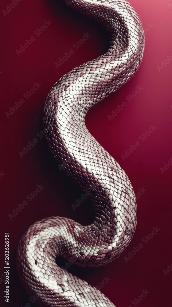 Fototapeta premium This image showcases a striking snake coiling elegantly against a deep red backdrop, capturing a sense of movement and grace in nature's design.