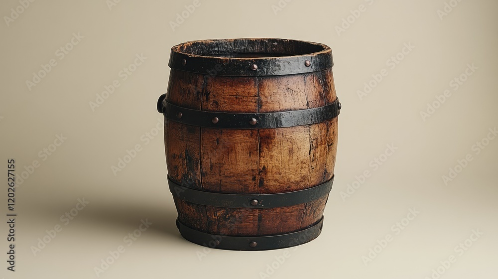 A rustic wooden barrel with metal bands, typically used for storage or aging liquids. A rustic wooden barrel with metal bands, typically used for storage or aging liquids.