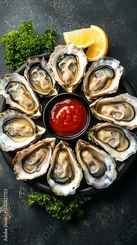 Fresh Oysters on Plate with Sauce, Overhead View photo