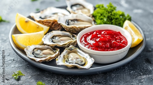 Fresh Oysters with Lemon and Sauce on Plate photo