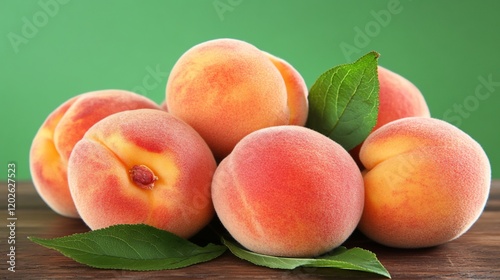 Fresh peaches on wooden surface against green backdrop.  Possible use Food photography, fruit display, healthy eating photo