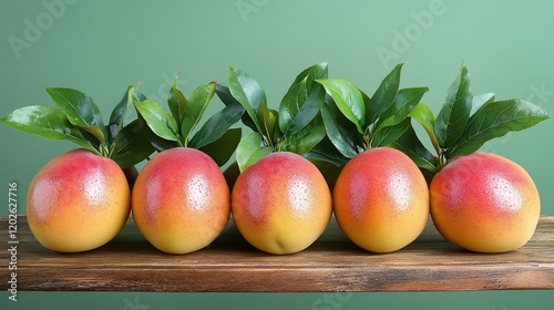 Fresh pomelos on wooden surface, green background.  Possible use  Food photography photo