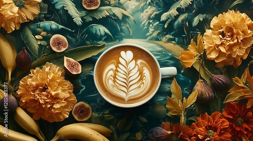 Latte Art with Tropical Fruits and Flowers Still Life photo