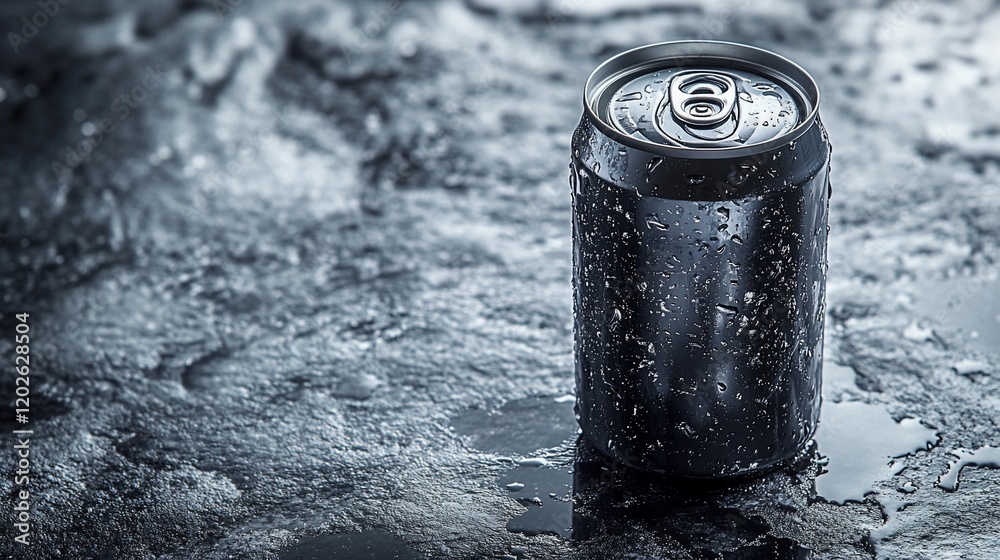 Cold canned drink with condensation on dark surface. Cold canned drink with condensation on dark surface.