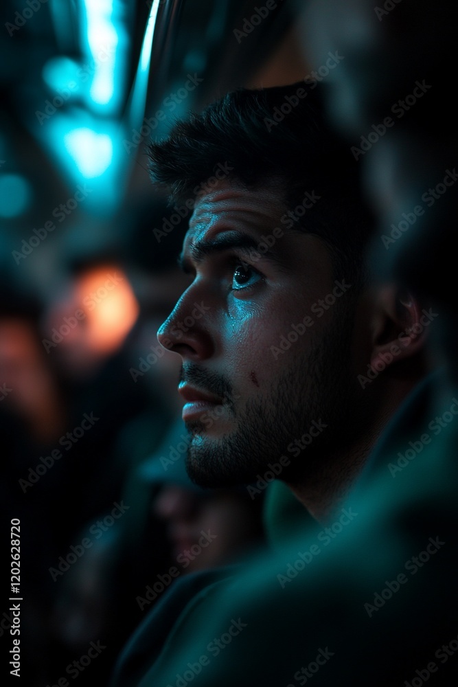 Man on public transport, pensive gaze, city lights Man on public transport, pensive gaze, city lights