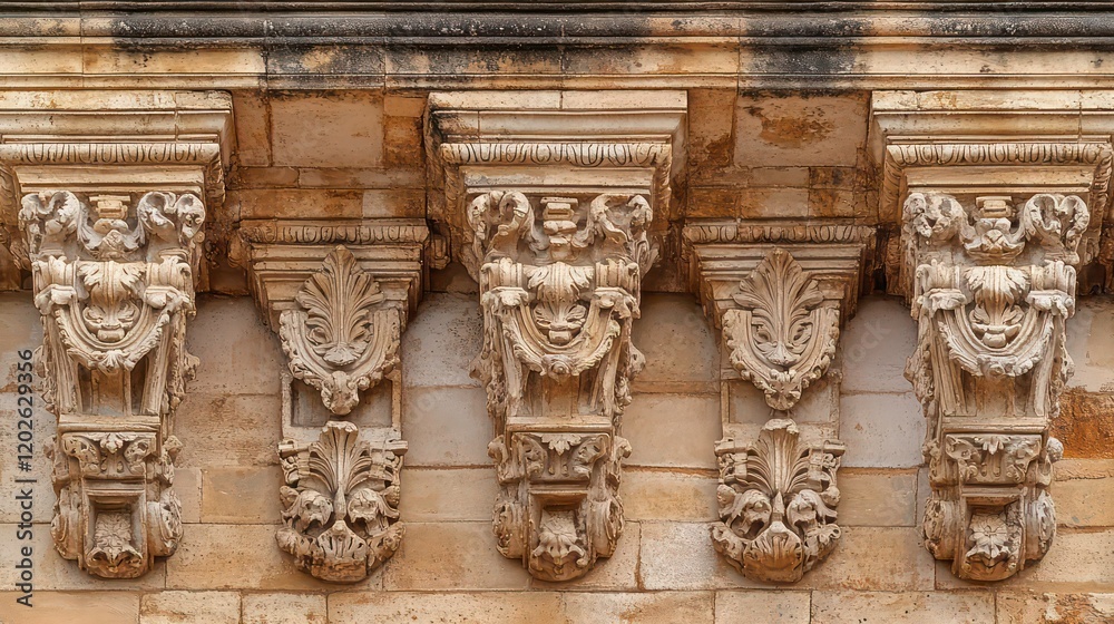 Close-up of ornate stone brackets on a building facade, showcasing intricate carvings and architectural details. Close-up of ornate stone brackets on a building facade, showcasing intricate carvings and architectural details.