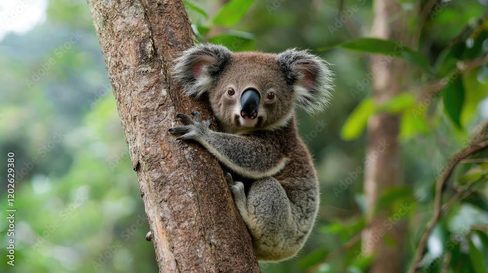 Obraz premium Koala clinging to eucalyptus tree in Australian rainforest