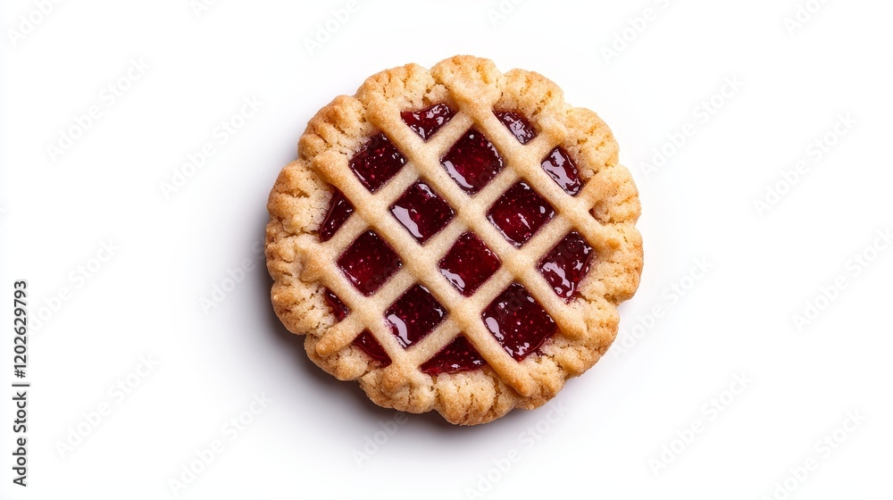 Isolated cherry jam cookie photographed from above, showcasing its perfect golden crust and jewel-like jam center on a stark white surface Isolated cherry jam cookie photographed from above, showcasing its perfect golden crust and jewel-like jam center on a stark white surface