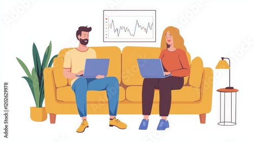 A couple discussing investments while sitting on a cozy couch, laptop open with charts on the screen,