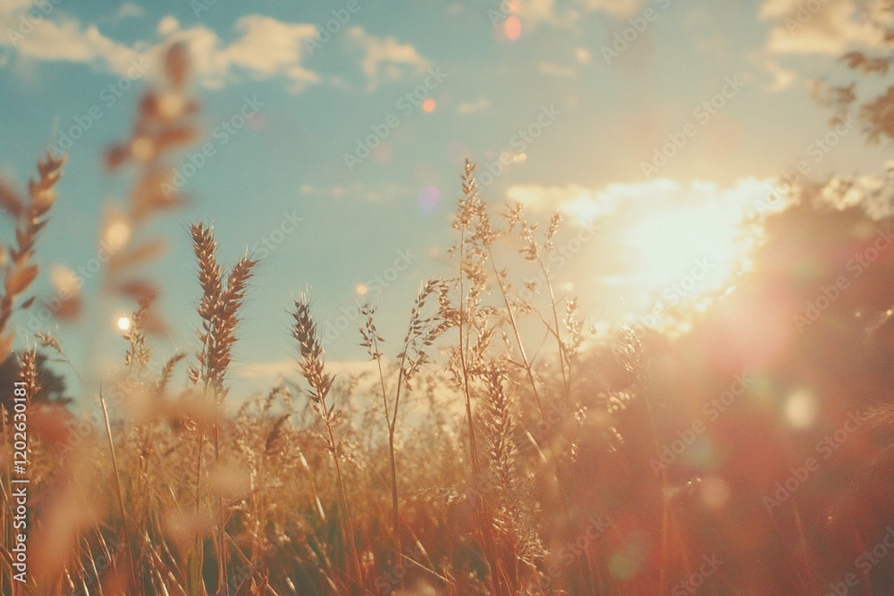 Golden hour sunlight illuminating tall grass in a field. Golden hour sunlight illuminating tall grass in a field.
