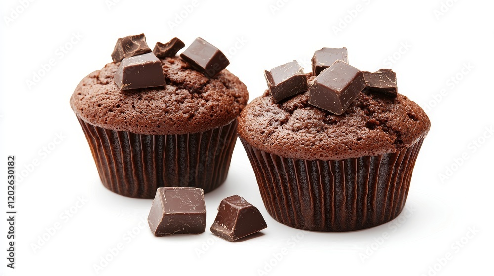 Isolated shot of two chocolate muffins with visible chocolate chunks, crisp and vibrant against a white background, ideal for food marketing Isolated shot of two chocolate muffins with visible chocolate chunks, crisp and vibrant against a white background, ideal for food marketing