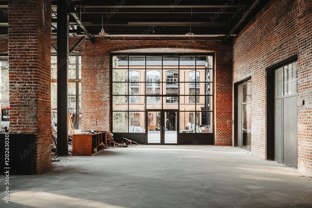 Empty industrial loft space with large window, exposed brick walls, and concrete floor. Empty industrial loft space with large window, exposed brick walls, and concrete floor.