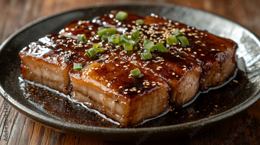 Glazed Pork Cubes on Dark Plate Glazed Pork Cubes on Dark Plate