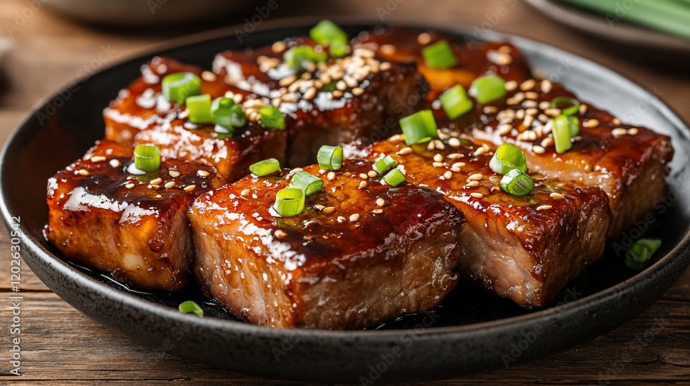 Glazed pork cubes on dark plate Glazed pork cubes on dark plate