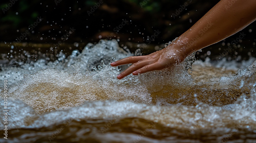 Hand touching splashing water in a stream. Hand touching splashing water in a stream.