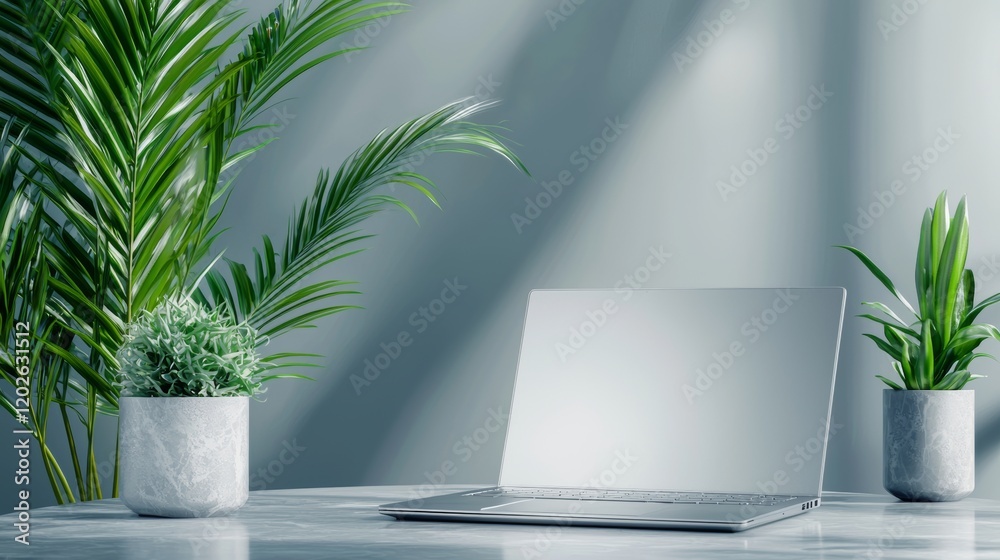 Powerful laptop in workspace with sleek design, ample ad space for specs, modern and minimalist, professional tech launch style Powerful laptop in workspace with sleek design, ample ad space for specs, modern and minimalist, professional tech launch style