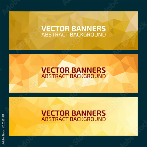 Abstract geometric banners in shades of gold and yellow, featuring a polygonal design and text placeholders for customization. Perfect for modern and professional designs.

