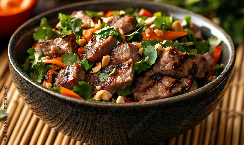Grilled beef salad in bowl, vibrant colors, ready to eat Grilled beef salad in bowl, vibrant colors, ready to eat