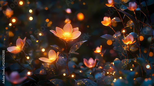 Fairy forest at night, fantasy glowing flowers and lights. generative ai. Enchanted Fairy Forest. Illustration