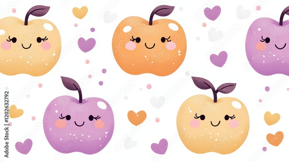 Kawaii-style apples with exaggerated features, pastel colors, and tiny hearts, creating a playful and cheerful pattern for youth-oriented designs Kawaii-style apples with exaggerated features, pastel colors, and tiny hearts, creating a playful and cheerful pattern for youth-oriented designs