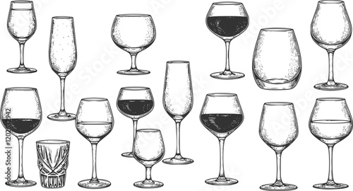 Vintage Glasses for Wine Engraving Icons Set Classic Wine Glasses Goblets Crystal Glasses Fluted Glasses Ornate Details Elegant Shapes Black and White Illustrations
