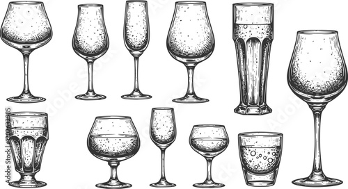 Vintage Glasses for Wine Engraving Icons Set Classic Wine Glasses Goblets Crystal Glasses Fluted Glasses Ornate Details Elegant Shapes Black and White Illustrations