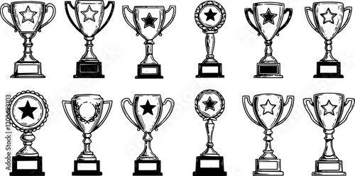Winning Trophy Hand-Drawn Linocut Grunge Texture Vector Set White Background Distressed Design Award Art Vintage Graphics Champion Collection Creative Sports Achievement Elements