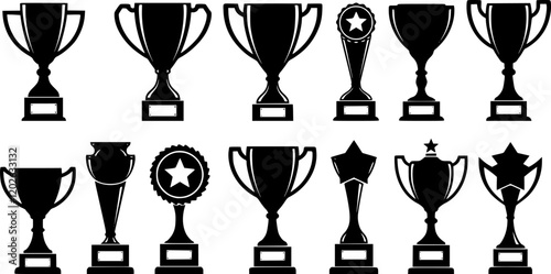 Winning Trophy Hand-Drawn Linocut Grunge Texture Vector Set White Background Distressed Design Award Art Vintage Graphics Champion Collection Creative Sports Achievement Elements