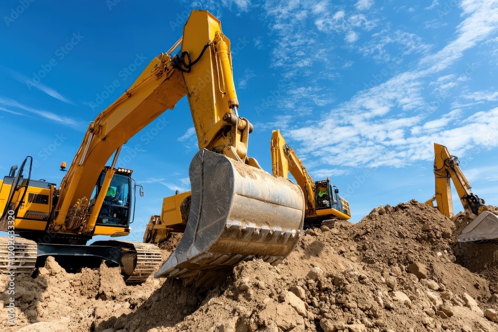 Heavy machinery at work on a desert construction site, massive earthmovers and bulldozers shaping the landscape Heavy machinery at work on a desert construction site, massive earthmovers and bulldozers shaping the landscape