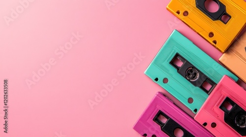 Colorful cassette tapes on a pink background.