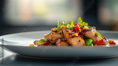 Grilled pork with vegetables on plate. Restaurant dish photo