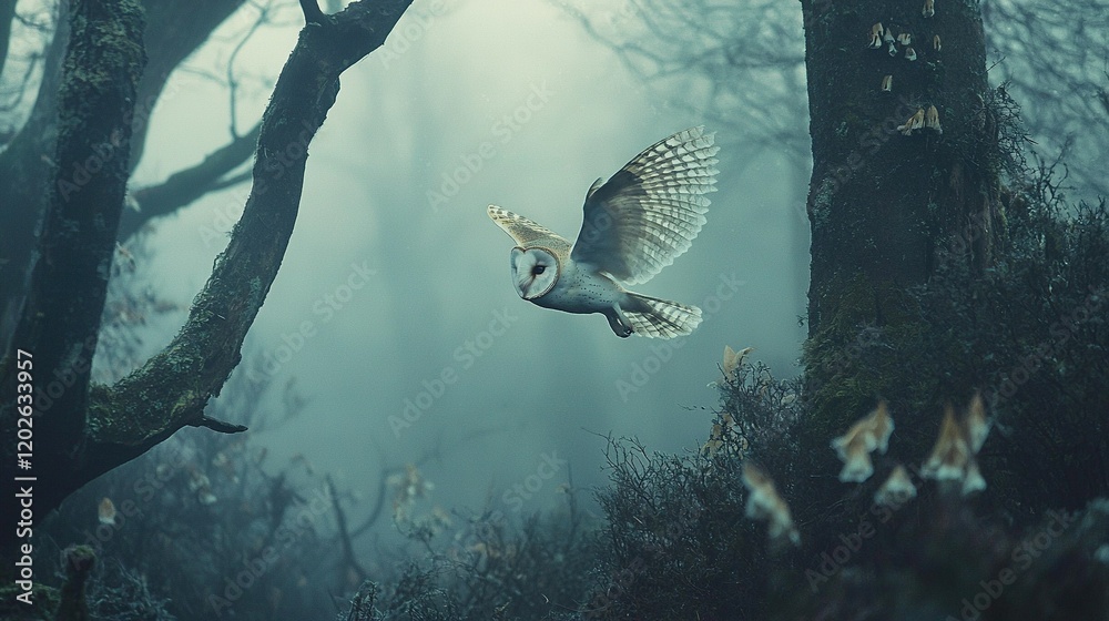 Naklejka premium A bird soaring through the dense forest on a misty day