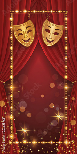 Golden Theater Masks With Red Curtains And Stage Lights, Suitable For Theatrical Events And Performances, Dramatic And Creative Art, Ideal For Entertainment Promotions And Cultural Celebrations.