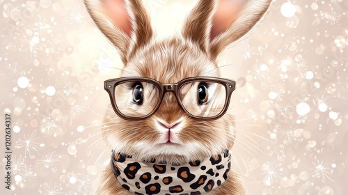 Adorable bunny wearing a leopard bandana and classic glasses, drawn in a detailed illustration style that emphasizes its cuteness