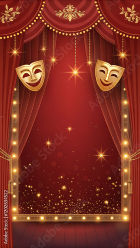 Golden Theater Masks With Red Curtains And Stage Lights, Suitable For Theatrical Events And Performances, Dramatic And Creative Art, Ideal For Entertainment Promotions And Cultural Celebrations.
