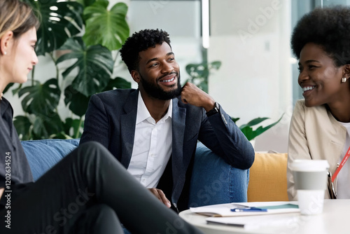 Three colleagues engage in a lively conversation in a stylish office setting filled with greenery, fostering collaboration and creativity in the afternoon