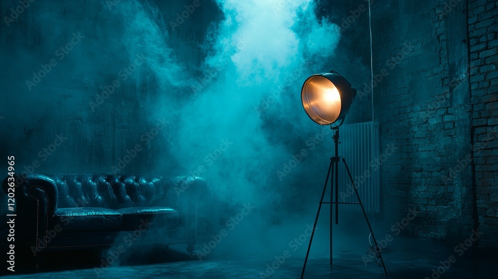 Naklejka premium Moody studio setup with blue smoke and spotlight