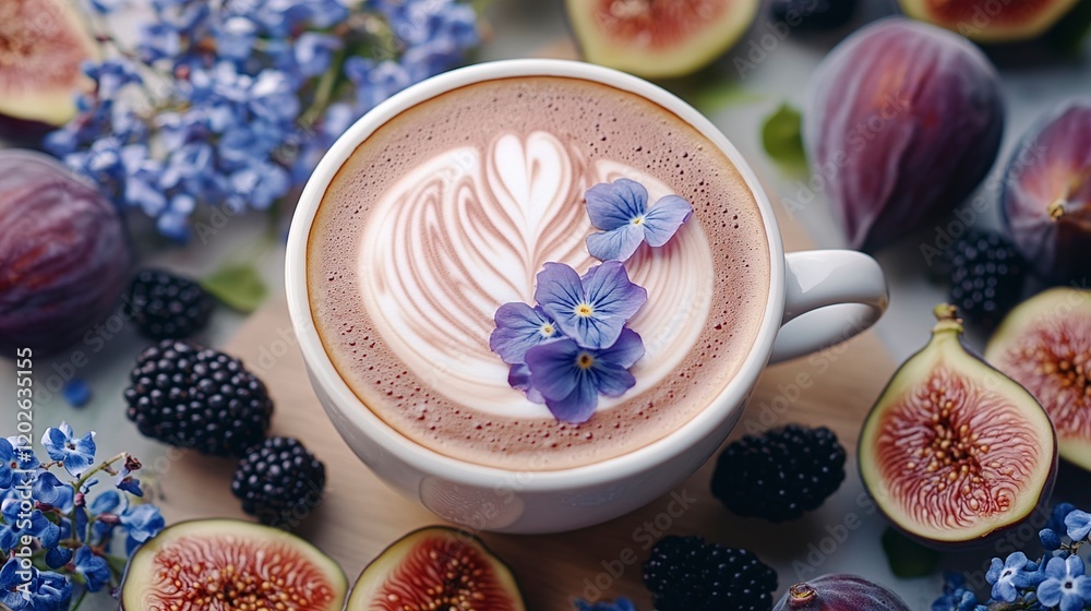 Latte Art with Figs, Blackberries, and Lilacs Gourmet Coffee Drink Latte Art with Figs, Blackberries, and Lilacs Gourmet Coffee Drink