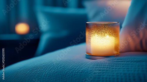 Relaxing bedroom scene, sleep aid and soft lighting, wellness ambiance photo