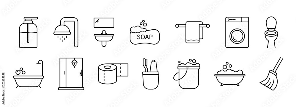 Bathroom outline icon set. Bathroom shower sanitary symbol collection. Vector bathe icons