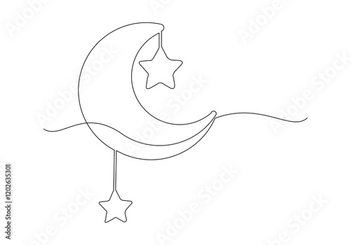 Continuous single line sketch drawing of moon crescent and star ramadhan kareem ied mubarak islamic symbol one line art vector illustration