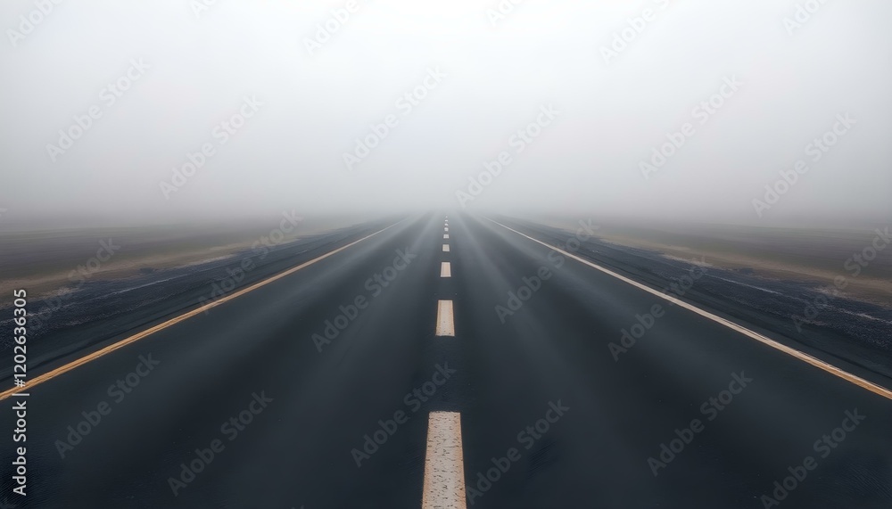 Fototapeta premium Empty Highway Vanishing in Dense Fog Mist road dark grey cold view 
