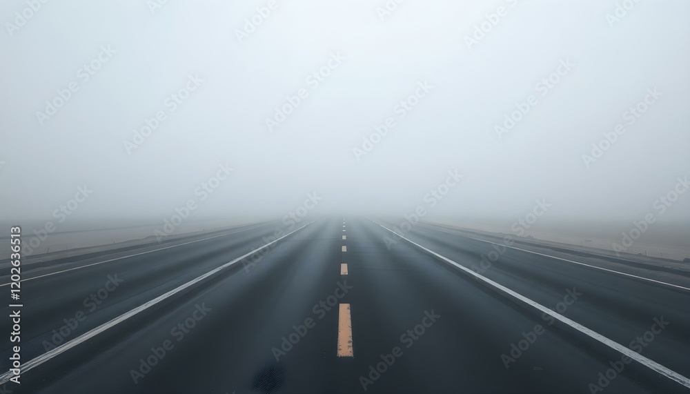 Fototapeta premium Endless Highway in Dense Fog Misty Road Scene path view grey calm