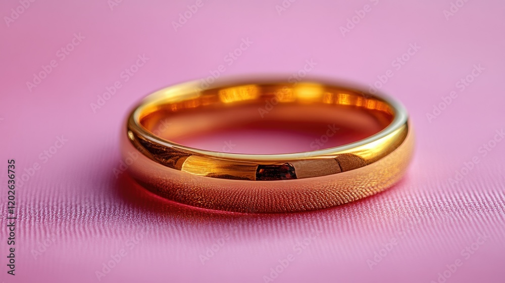 A shiny gold wedding band resting on a soft pink fabric background. A shiny gold wedding band resting on a soft pink fabric background.