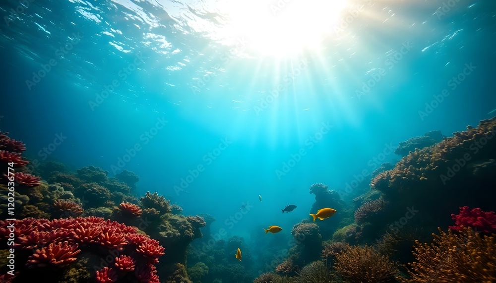 Naklejka premium Underwater Coral Reef Scene Vibrant Fish Sunbeams Sea Red Life Blue 